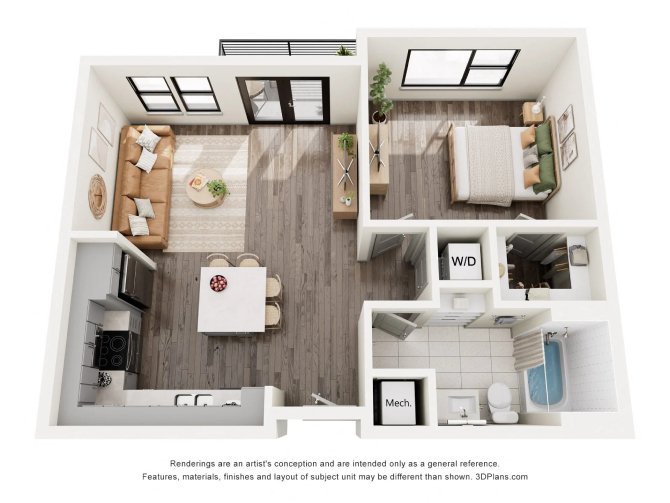 A 3D floor plan of a small apartment with a living room, kitchen, and bathroom.