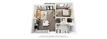 A 3D floor plan of a small apartment with a living room, kitchen, and bathroom.