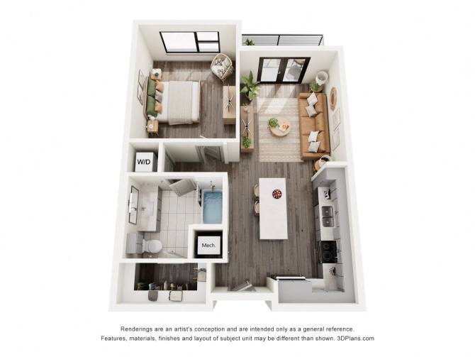 A 3D floor plan of a small apartment with a kitchen, living room, and bathroom.