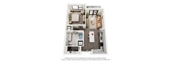 A 3D floor plan of a small apartment with a kitchen, living room, and bathroom.