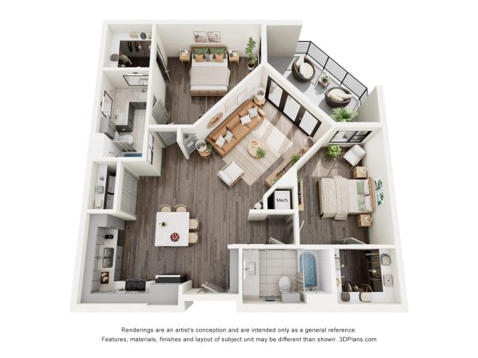 A 3D floor plan of a house with a kitchen, living room, and bathroom.