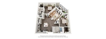 A 3D floor plan of a house with a kitchen, living room, and bathroom.