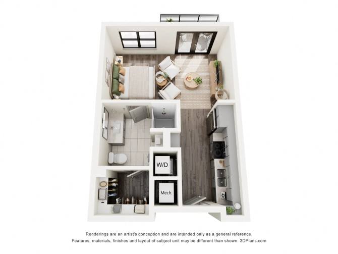 A 3D floor plan of a small apartment with a kitchen, living room, and bathroom.
