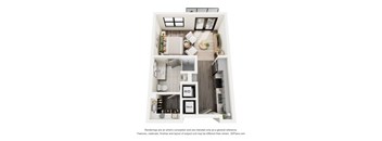 A 3D floor plan of a small apartment with a kitchen, living room, and bathroom.
