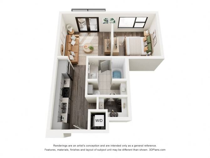 A 3D floor plan of a small apartment with a kitchen, living room, and bathroom.