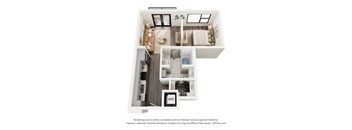 A 3D floor plan of a small apartment with a kitchen, living room, and bathroom.