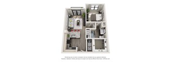 A 3D floor plan of a small apartment with a living room, kitchen, and bathroom.