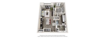 A 3D floor plan of a small apartment with a kitchen, living room, and bathroom.