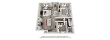 A 3D floor plan of a small apartment with a kitchen, living room, and bedroom.