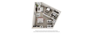 A 3D floor plan of a house with a kitchen, living room, and two bedrooms.