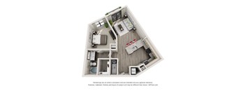 A 3D floor plan of a small apartment with a kitchen, living room, and bathroom.