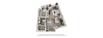 A 3D floor plan of a house with a kitchen, living room, and two bedrooms.