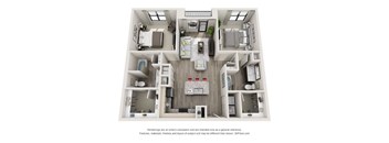 A 3D floor plan of a house with a kitchen, living room, and two bedrooms.