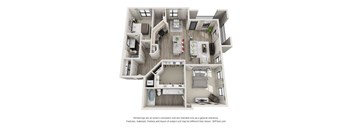 A 3D floor plan of a house with a kitchen, living room, and bedrooms.
