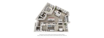 A 3D floor plan of a house with a kitchen, living room, and two bedrooms.