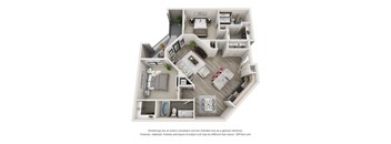 A 3D floor plan of a house with a kitchen, living room, and bedrooms.