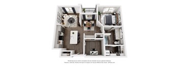 A 3D floor plan of a small apartment with a kitchen, living room, and bedroom.