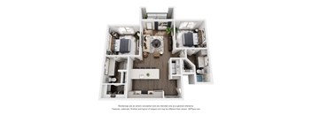A 3D floor plan of a small apartment with two bedrooms, a living room, and a kitchen.