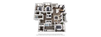 A 3D floor plan of a house with multiple rooms and furniture.