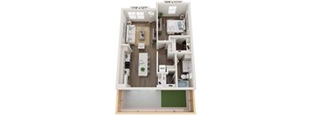 A 10'9" x 11'11" floor plan of a two-bedroom, two-bathroom apartment.