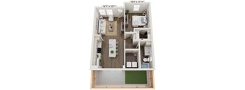 A diagram of a two-bedroom apartment with a living room, kitchen, and bathroom.