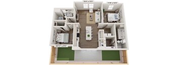 A 3D floor plan of a small apartment with two bedrooms, a living room, and a kitchen.
