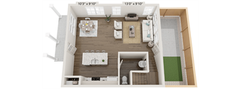 A 3D floor plan of a small apartment with a kitchen, living room, and bathroom.