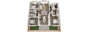 A 3D floor plan of a house with dimensions and room labels.