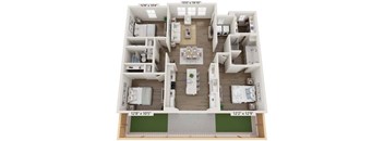 A floor plan of a two-bedroom apartment with a living room, kitchen, and bathroom.