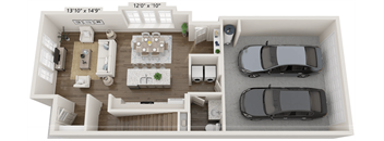 A 3D floor plan of a house with a kitchen, living room, dining area, and two bedrooms.