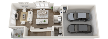 A floor plan of a house with a living room, dining room, kitchen, and two bedrooms.
