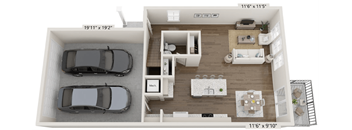 A floor plan of a two-bedroom apartment with a garage for two cars.