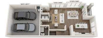 A 202" x 201" floor plan of a house with two bedrooms, two bathrooms, a living room, a dining room, and a kitchen.