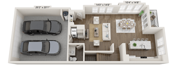 A floor plan of a house with two bedrooms, two bathrooms, a living room, a dining room, and a kitchen.