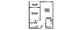 A black and white image of a floor plan for a small apartment.