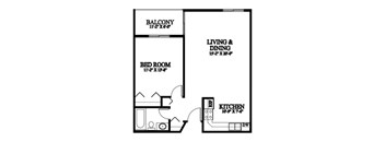 A black and white image of a floor plan for a small apartment.