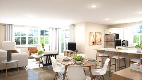 A modern dining room with a table set for four.