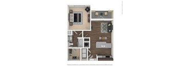A floor plan of a small apartment with a kitchen, living room, and bathroom.