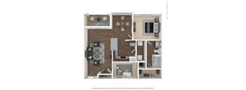 A floor plan of a house with a kitchen, living room, and bathroom.