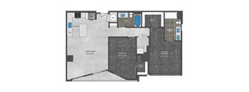 A floor plan of a house with a kitchen, living room, and bathrooms.