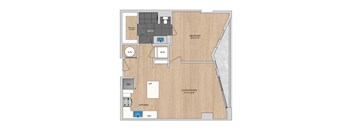 A floor plan of a house with a living room, dining room, kitchen, bedroom, bathroom, and a walk-in closet.