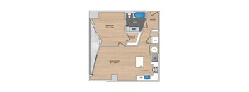 A floor plan of a room with a bed, bath, and kitchen.