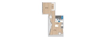 A floor plan of a room with a bedroom, bathroom, kitchen, and living room.