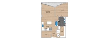 A floor plan of a house with a study, kitchen, living/dining area, bedroom, bathroom, and foyer.