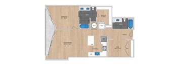 A floor plan of a house with a living room, dining room, kitchen, two bedrooms, a bathroom, a walk-in closet, and a den.