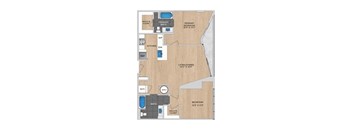 A floor plan of an apartment with a living room, two bedrooms, a bathroom, a kitchen, and a walk-in closet.
