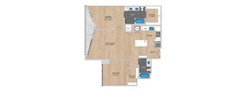 A floor plan of a house with a primary bedroom, living/dining area, kitchen, and two bathrooms.