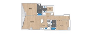 A floor plan of a house with a living room, kitchen, and two bathrooms.
