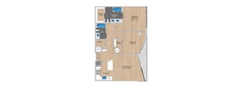 A floor plan of a house with a living room, two bedrooms, a bathroom, a laundry room, and a walk-in closet.