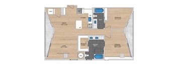 A floor plan of a house with a kitchen, dining room, living room, and bathroom.